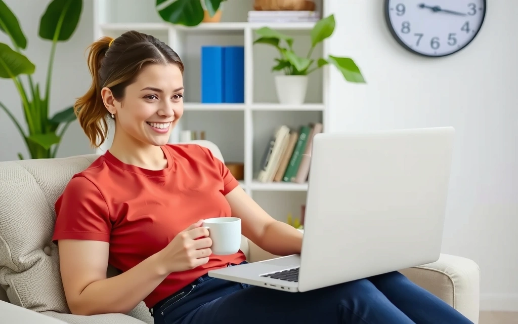Eine lächelnde Frau sitzt gemütlich zu Hause vor ihrem Laptop und führt ein Videogespräch mit einer Ernährungsberaterin. Sie hält eine Tasse in der Hand, und im Hintergrund sind Pflanzen und ein Bücherregal zu sehen, was eine entspannte, aber professionelle Atmosphäre schafft.