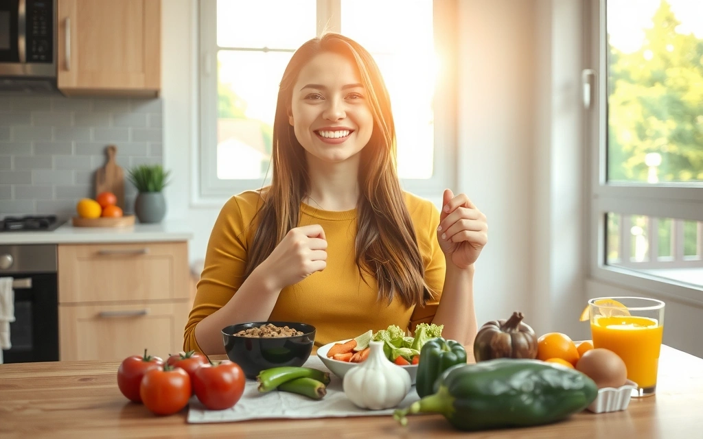 Eine glückliche, energiegeladene Frau genießt eine ausgewogene Mahlzeit mit frischem Gemüse und Obst an einem hellen Küchentisch. Ihre Ausstrahlung symbolisiert Gesundheit und Wohlbefinden, und das Gericht ist farbenfroh und ansprechend angerichtet.