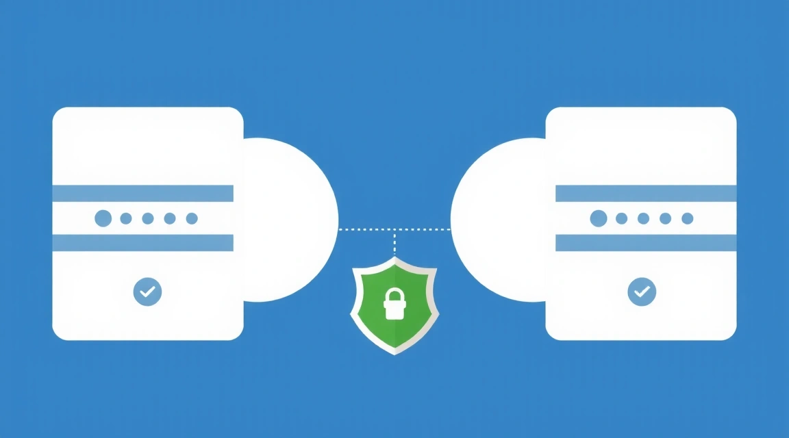 Sichere Datenübertragung zwischen zwei stilisierten Datenservern, umgeben von einem schützenden Schildsymbol.