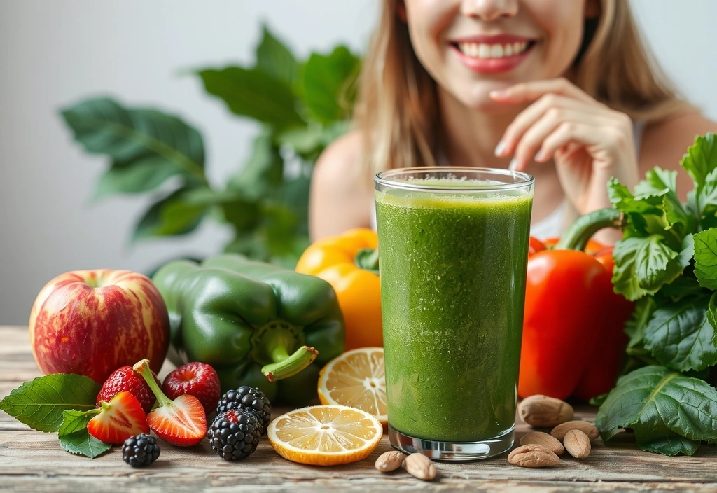 Frische gesunde Lebensmittel auf einem Holztisch mit einer lächelnden Person im Hintergrund